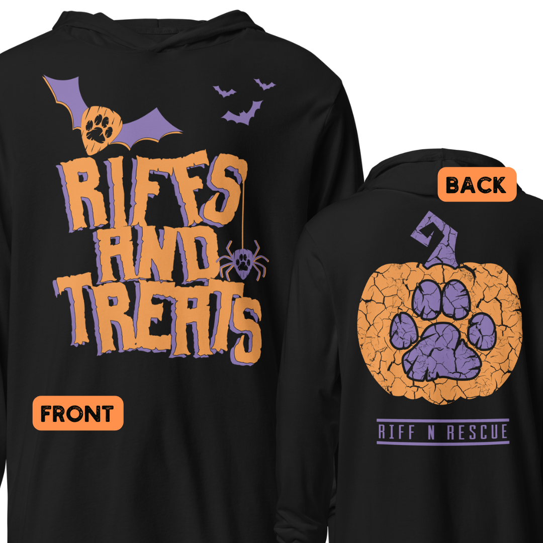 Riffs and Treats Hooded long-sleeve tee (Front and Back)