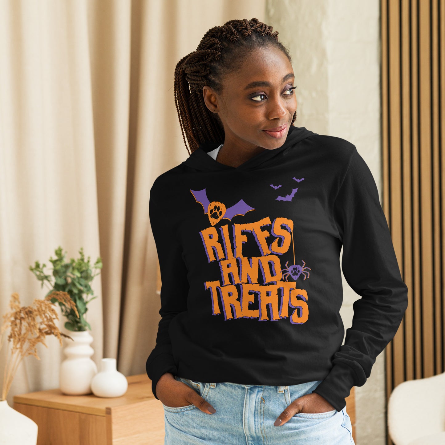 Riffs and Treats Hooded long-sleeve tee (Front and Back)
